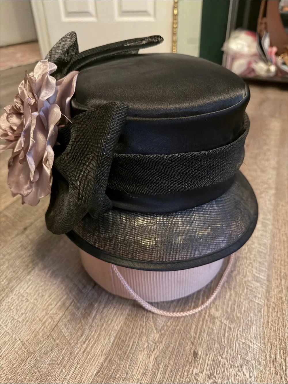 August Accessories Millinery Collection Black Straw Hat Blush Rose